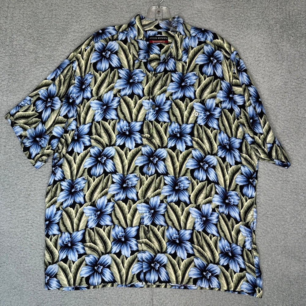 John Henry Viva Tropical Mens Large Blue Floral Orchid Rayon Aloha Camp Shirt